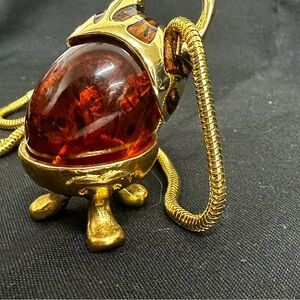 Vintage Detailed Gold Plated Baltic Amber Pendant Necklace